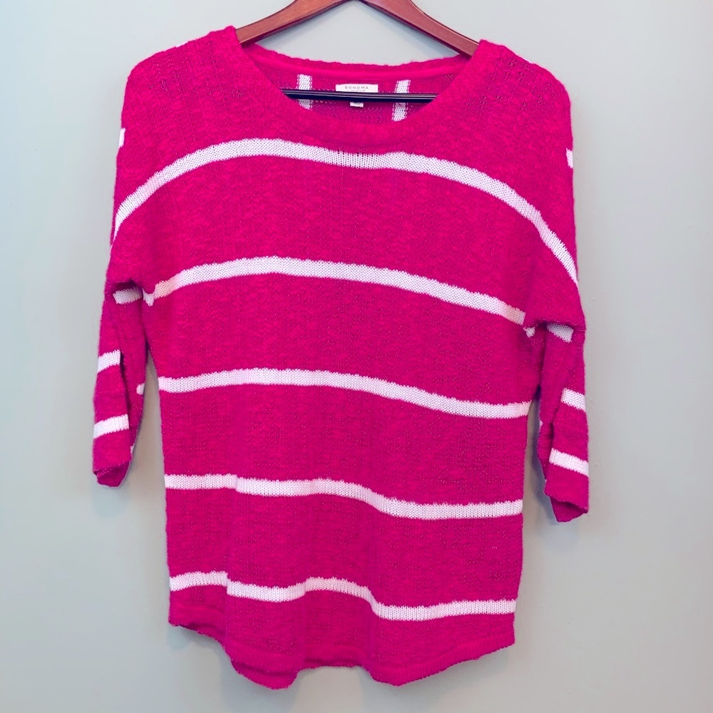 Hot Pink Open Knit White Stripe Pullover Sweater